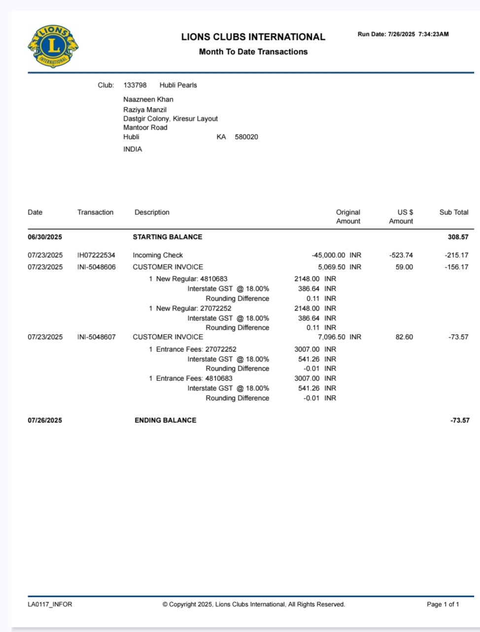 Payment of SemiAnnual International Dues