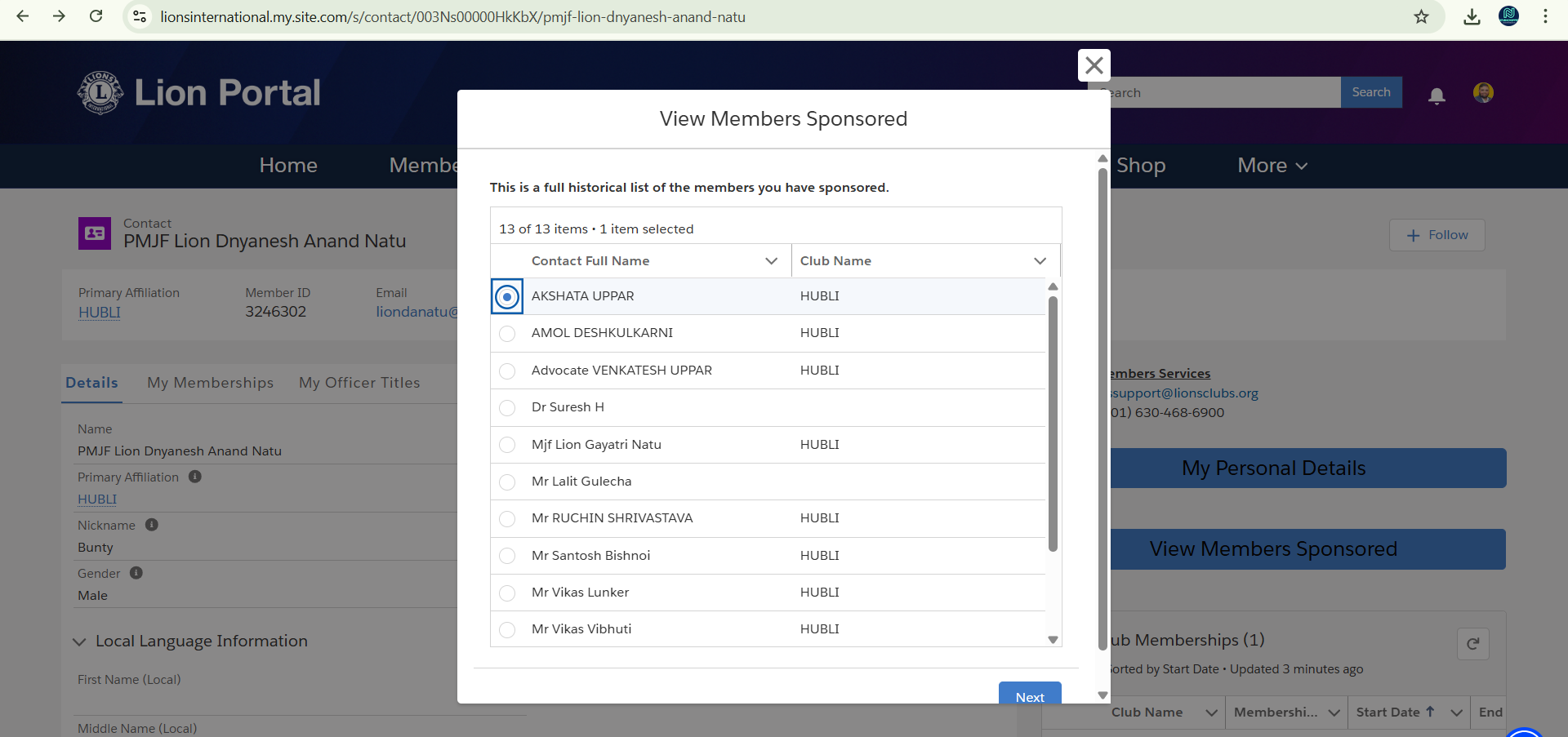 I SPONSORED 1 MEMBER LION AKSHATA VENKATESH UPPAR- IN LIONS CLUB OF HUBLI
