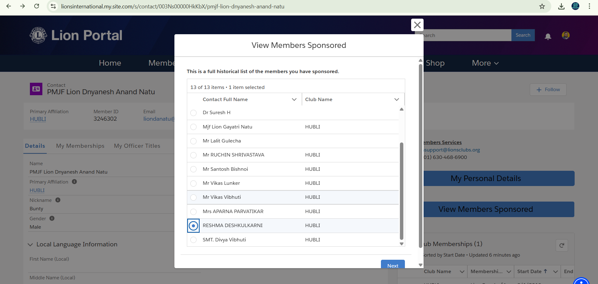 I SPONSORED 1 MEMBER LION RESHMA AMOLDESHKULKANI- IN LIONS CLUB OF HUBLI