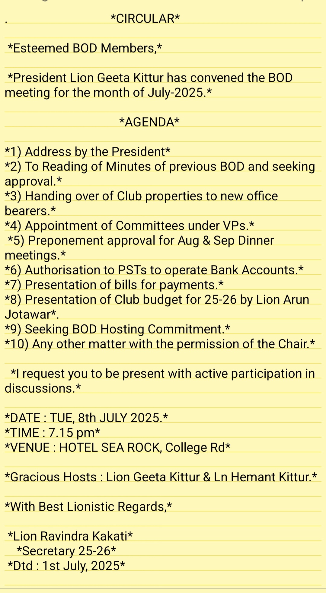 Agenda of July BOD meeting