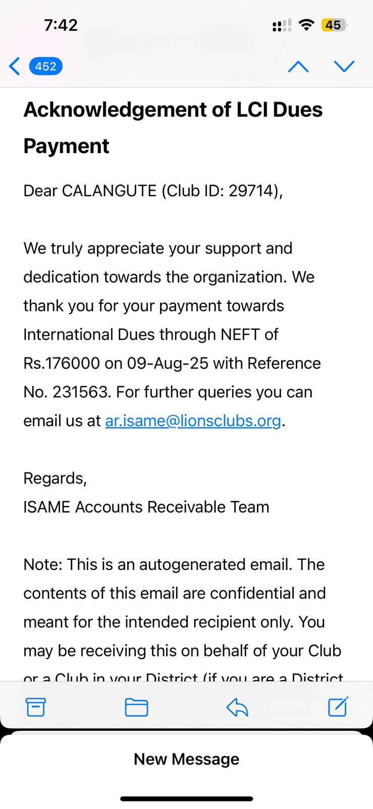 Lions Club Of Calangute International Dues Paid 