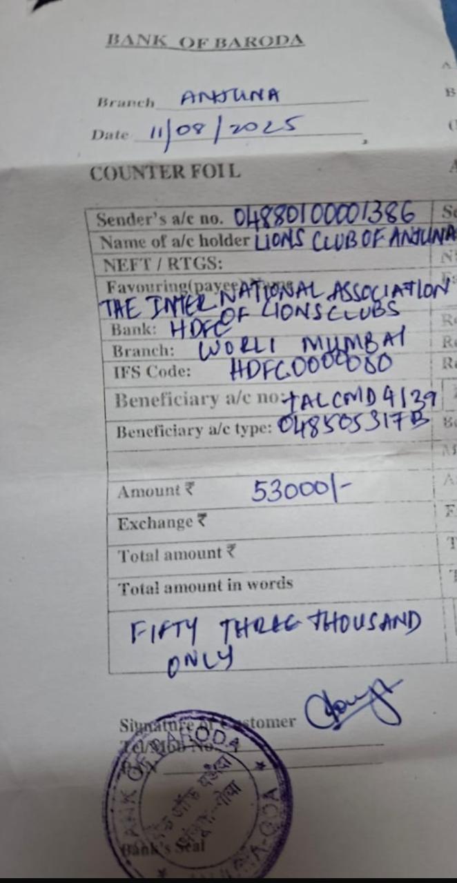 lions Club of Anjuna has paid thier International dues 