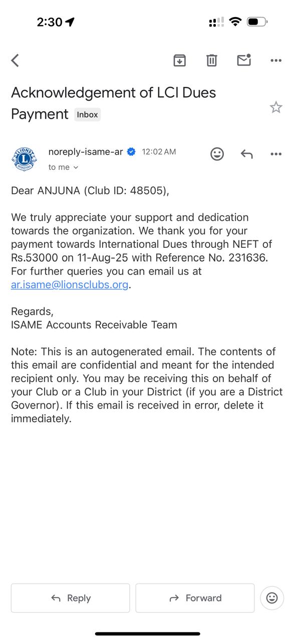 lions Club of Anjuna has paid thier International dues 