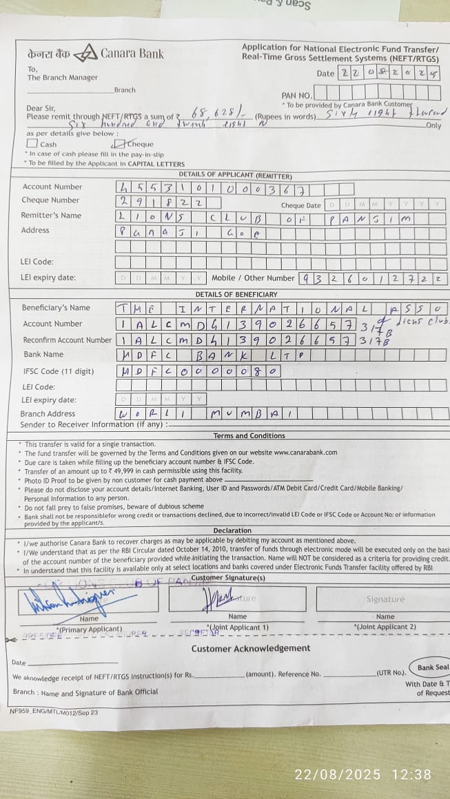 Lions Club of Panjim has Paid their International Dues 