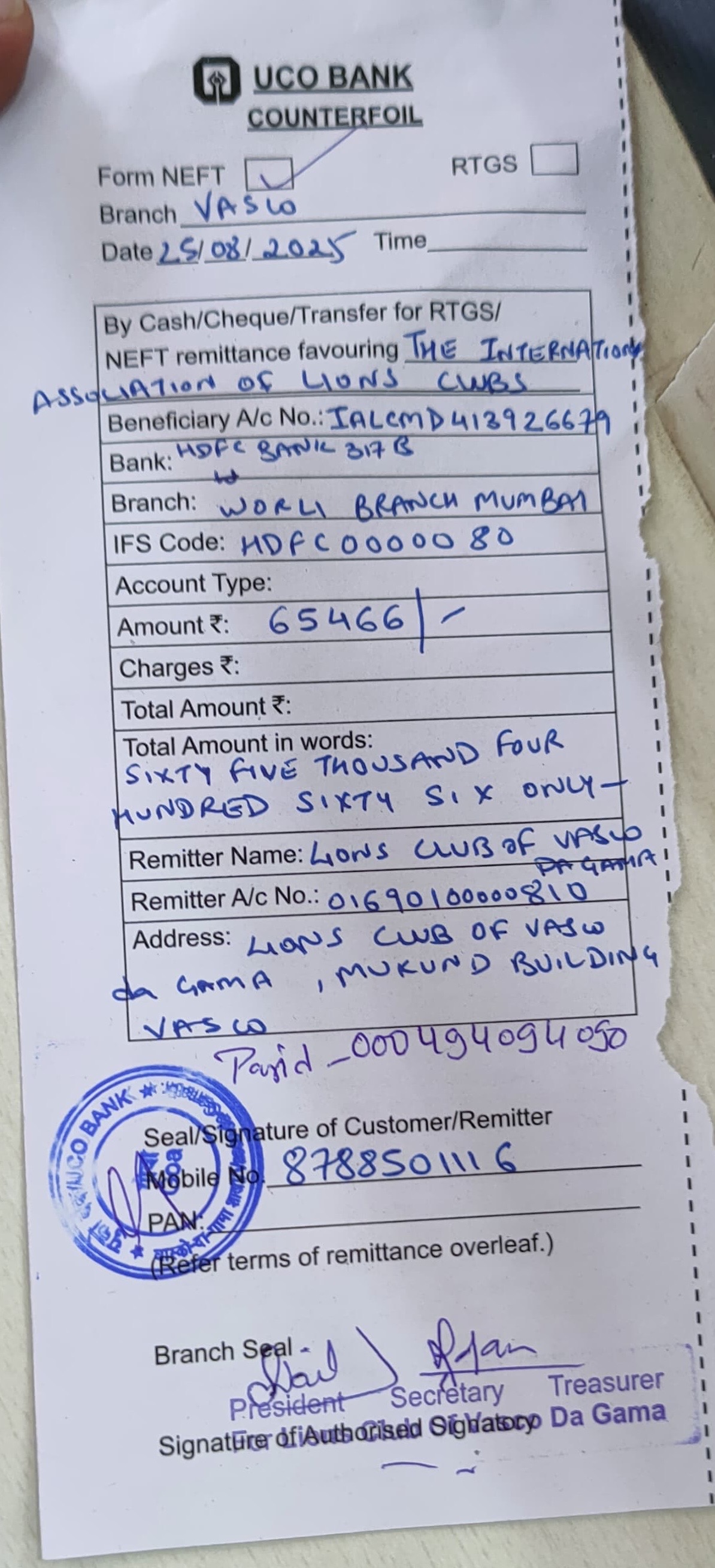 Paid 1st half International dues