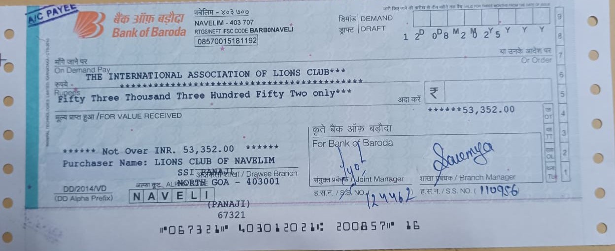 Lions Club of Navelim paid Semi Annual International Dues for first half amounting Rs 53,350/- on 12th August 2025.