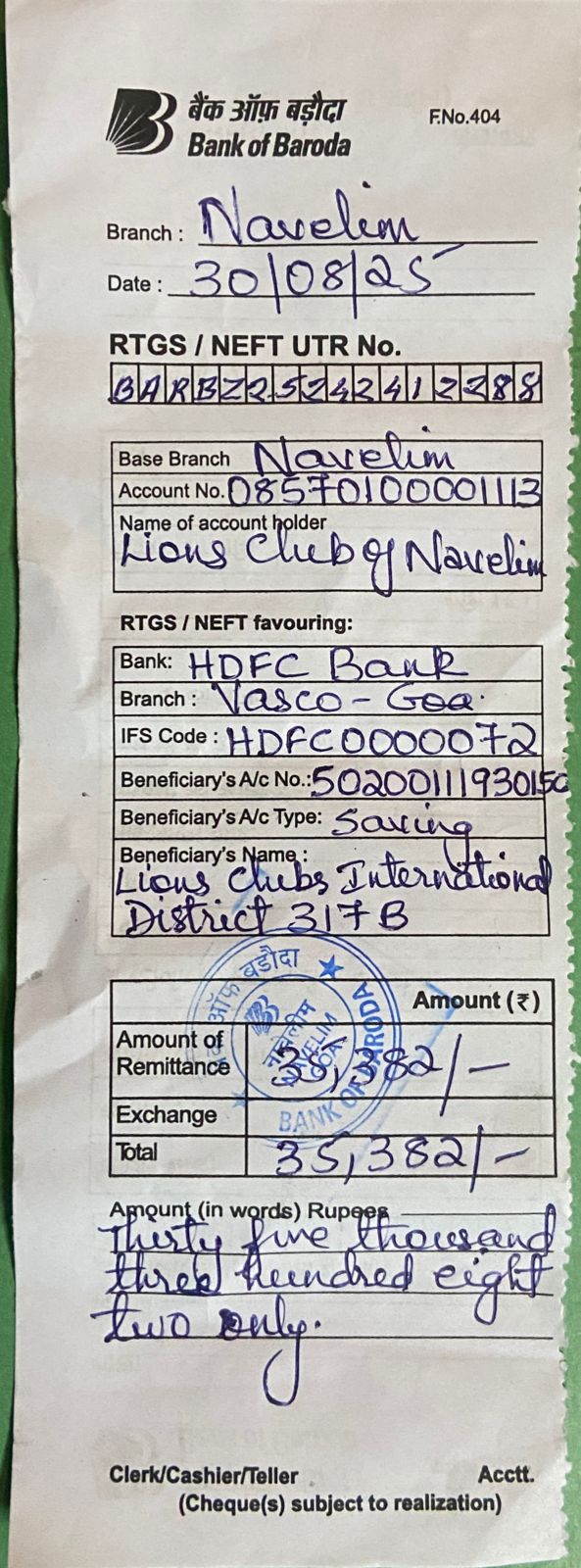 Payment of Annual District Dues by Lions Club of Navelim on August 30th
