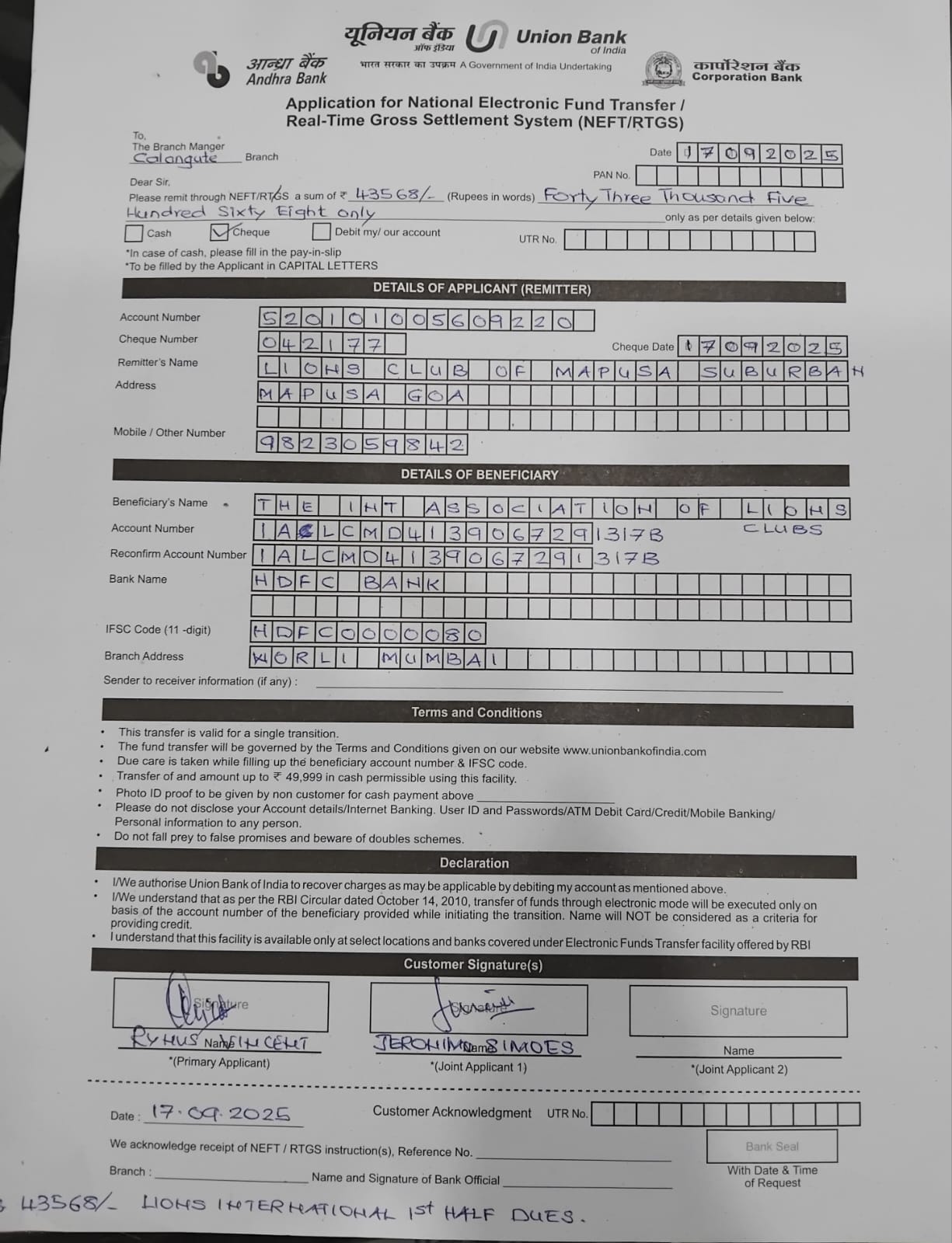 Lions Club OF Mapusa Suburban has paid International and District dues 