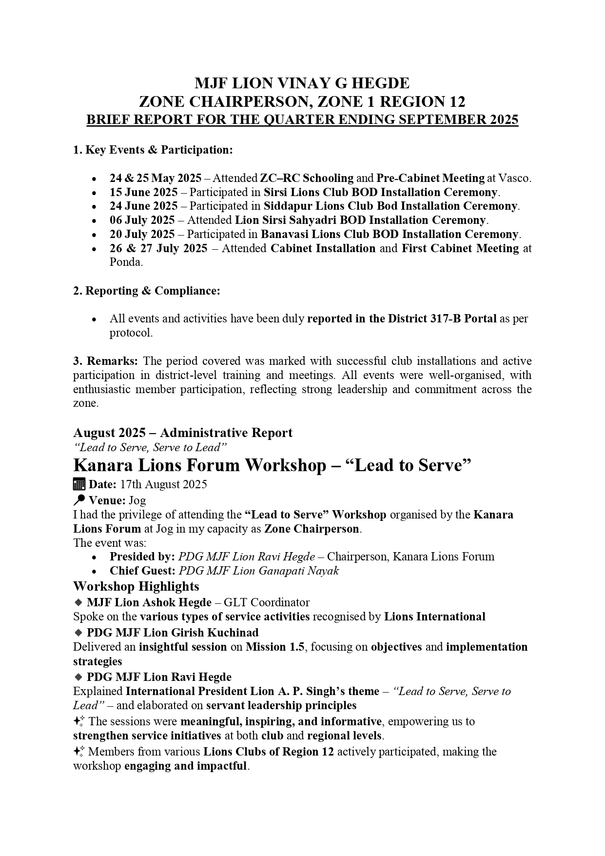 ZONE PERSON SEPTEMBER 2025 QUARTERLY REPORT IN PRECREIBED FORMAT