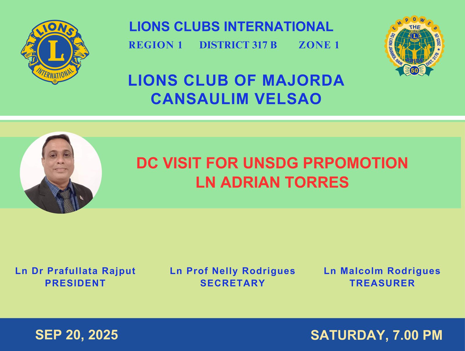 Lions Club of Majorda Cansaulim Velsao With DC Visit, Brochure of Mental Health & Well Being and Spoke on UNSDG Goals 