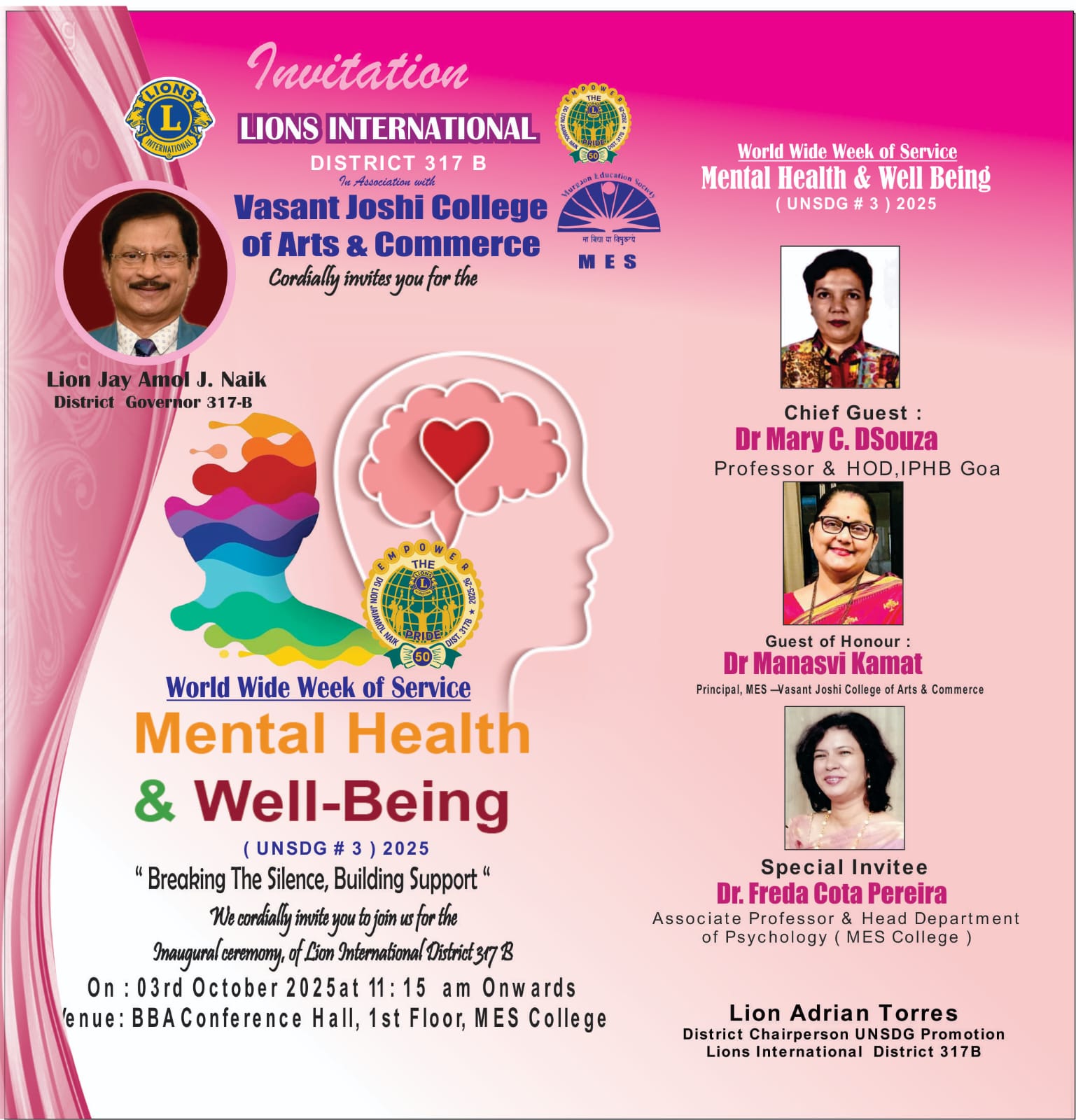 Invitation for The Opening / Inaugural of The Mental Health Week 2025 at MES College on 3rd Oct