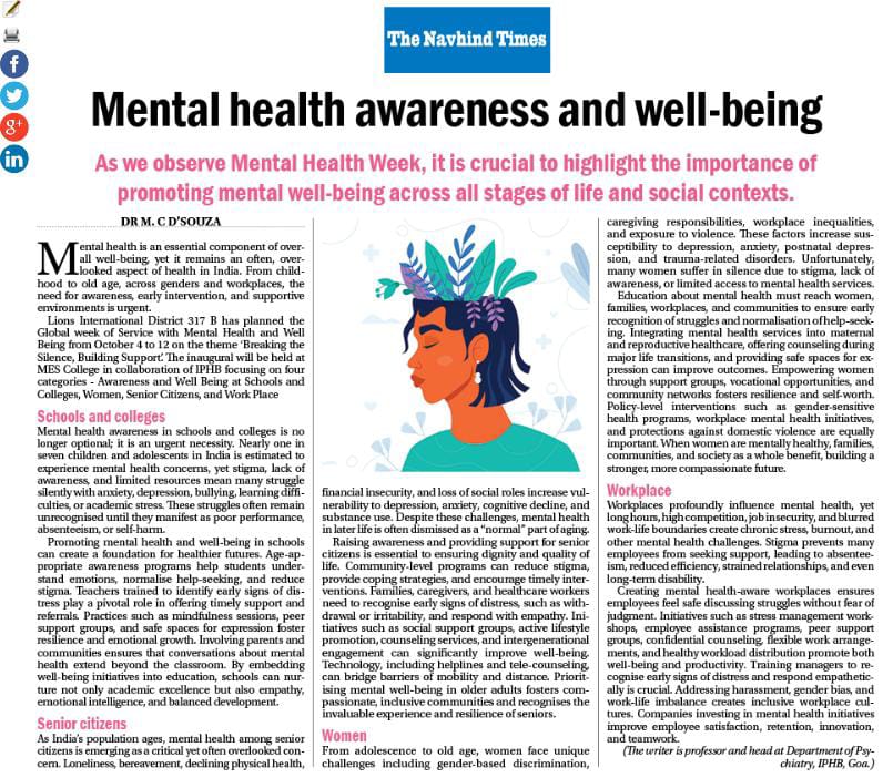 Mental Health Week Article On The Navhind Timrs With Wide Publicity Online and Print MEdia