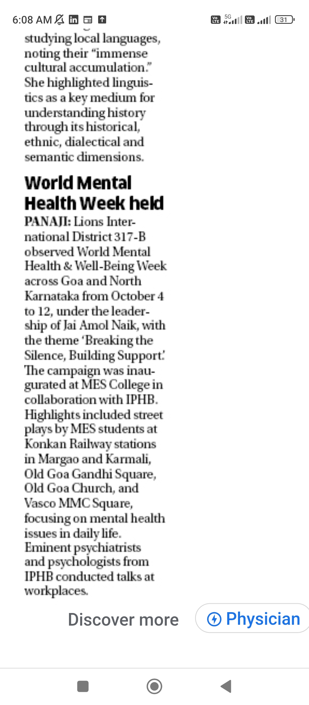 On The News Of Inaugural of Mental Health Week On The Navhind Times