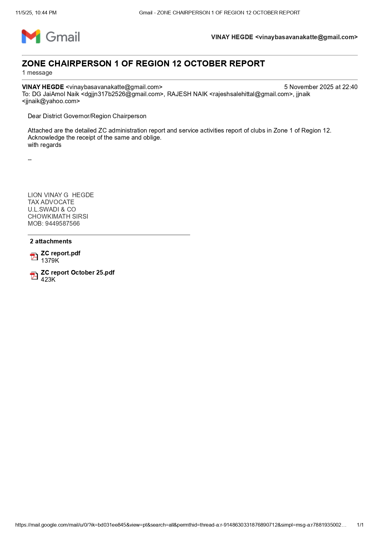 OCTOBER MONTH ZC REPORT COMMUNICATED THROUGH MAIL TO DG OFFICE AND REGION CHAIRPERSON