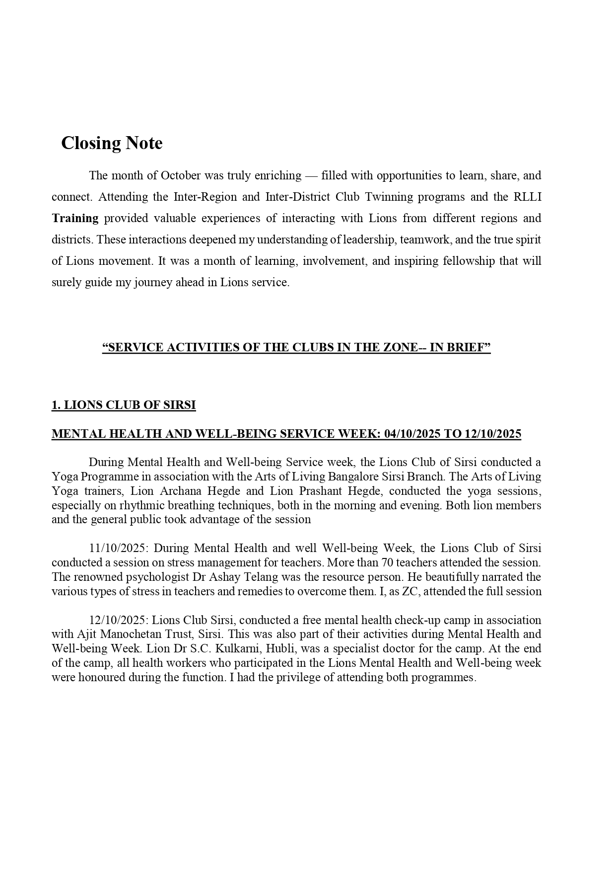 OCTOBER MONTH ZC REPORT COMMUNICATED THROUGH MAIL TO DG OFFICE AND REGION CHAIRPERSON