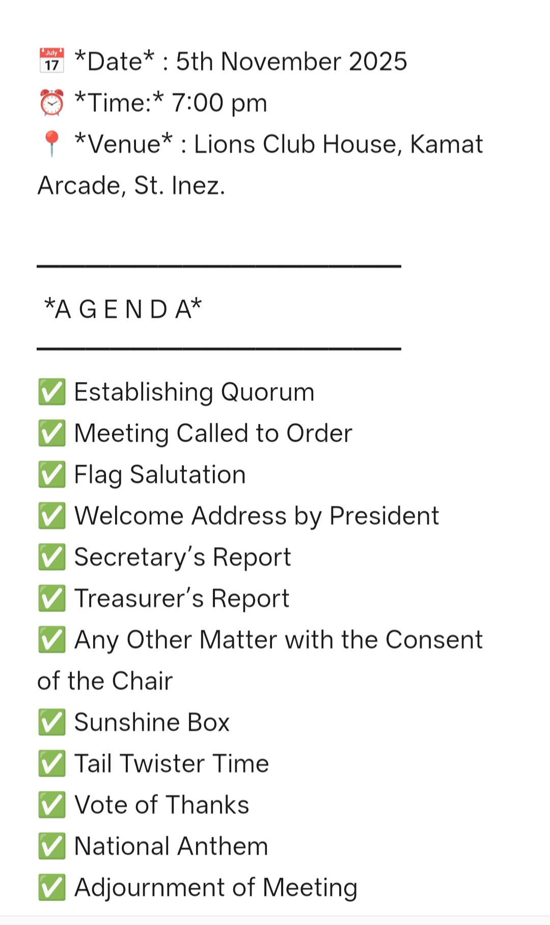 Lions Club of Panjim conducted their BOD for the Month of November 2025