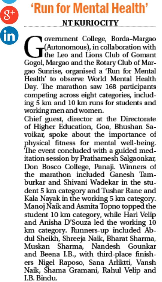 News Of Mental Health Run For Lions Club of Margao Gomant Gogol was present and News for The NAvhind Times