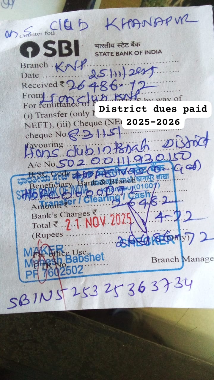 Paid District dues for Lionistic year on 21-11-2025