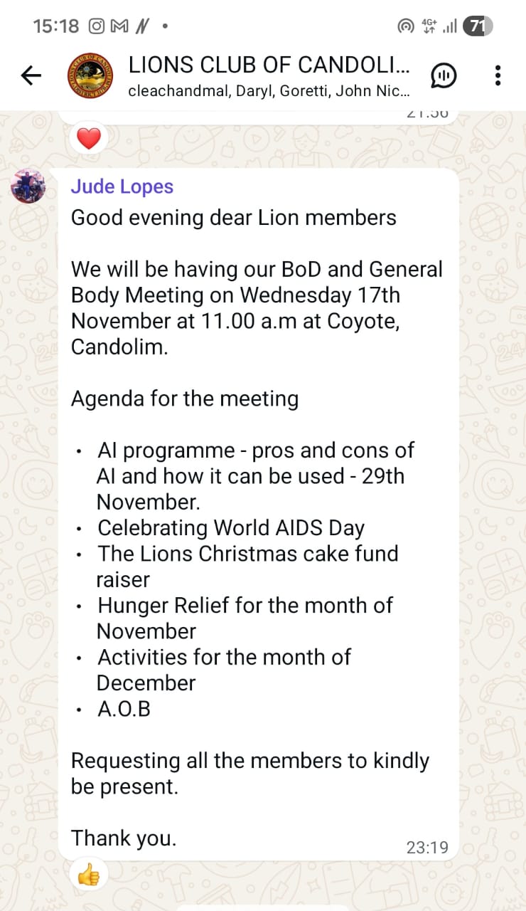 BoD and General Body Meeting of Lions Club of Candolim.