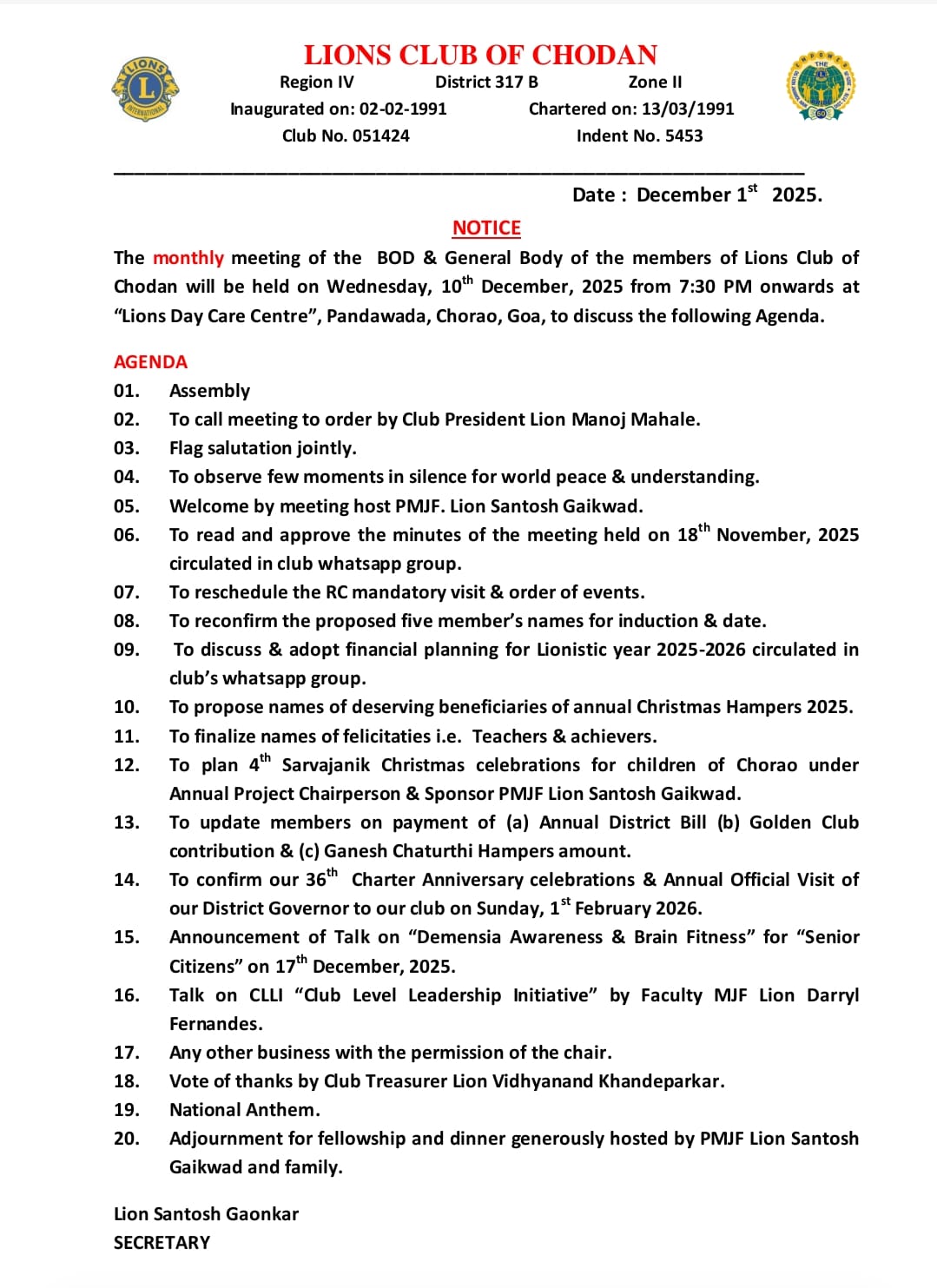 MONTHLY BOD/GBM MEETING FOR DECEMBER