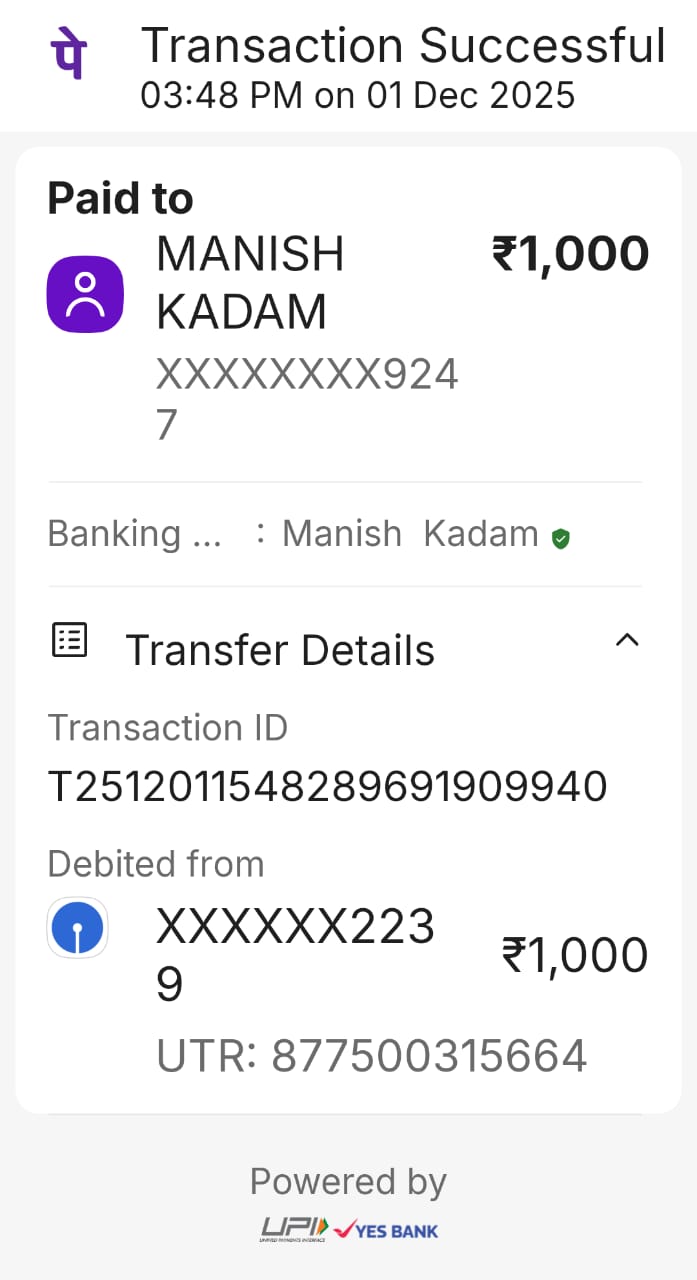 Continue Monthly donation of Rs1000 deposited to beneficiary (poor family) reference service activity number SA- 08305453