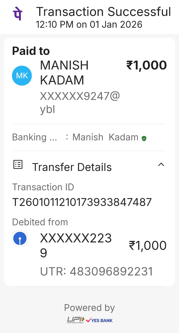 Continue Monthly donation of Rs1000 deposited to beneficiary (poor family) reference service activity number SA- 08305453 - Dec25