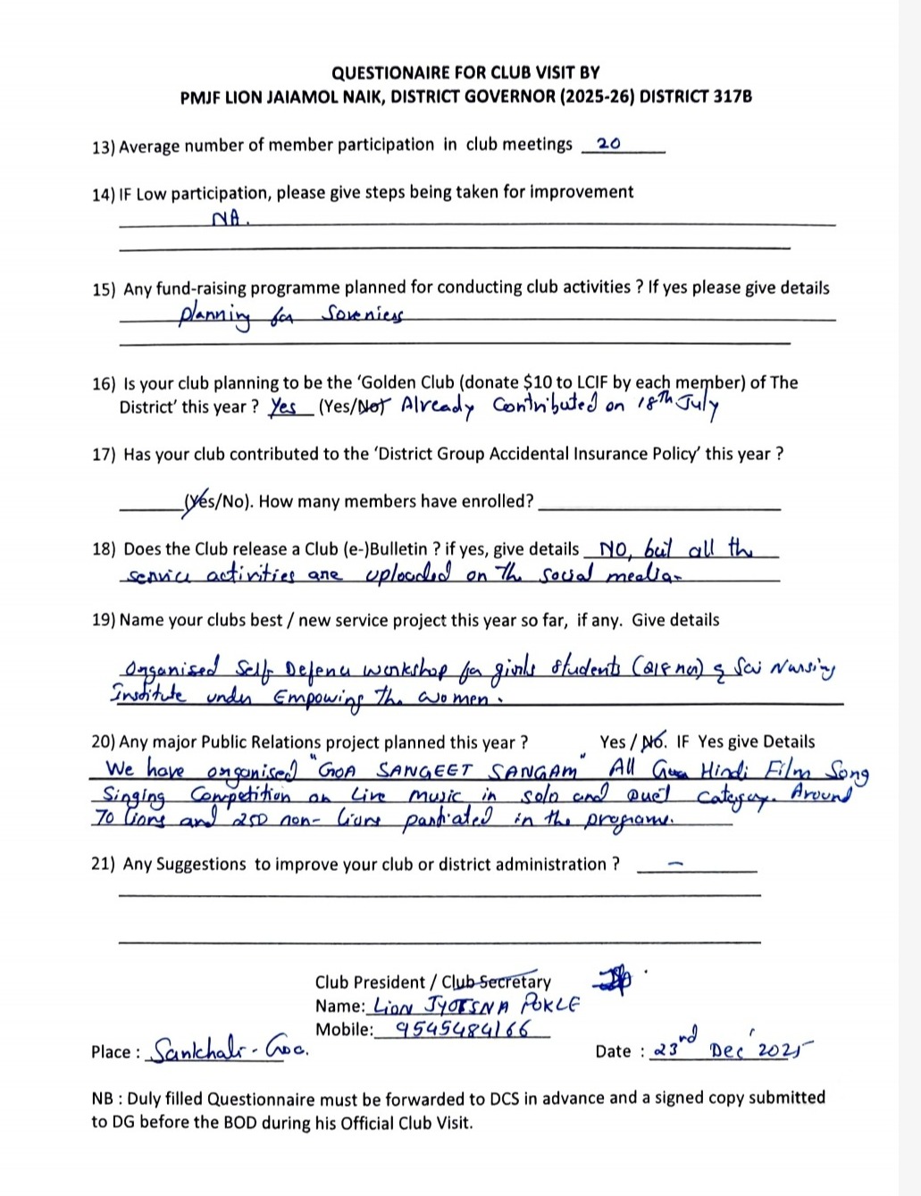 Submitting DG visit Questionnaire 