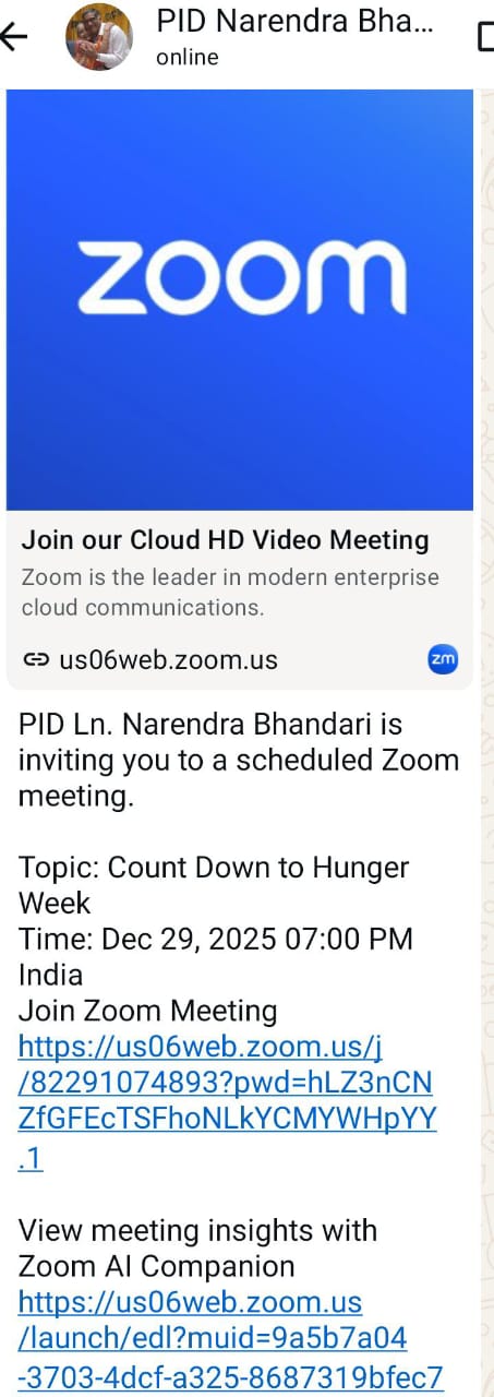 Attended The Countdown Meeting of Second Week Of WWW Hunger 2026 Along With District Governor with Presentations by LCIPs (an initiative by LCOI) Today, 29th Dec a Follow Up Meeting with PID Lion Narendra Bhandari