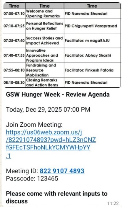 GSW Hunger Week - Review Agenda