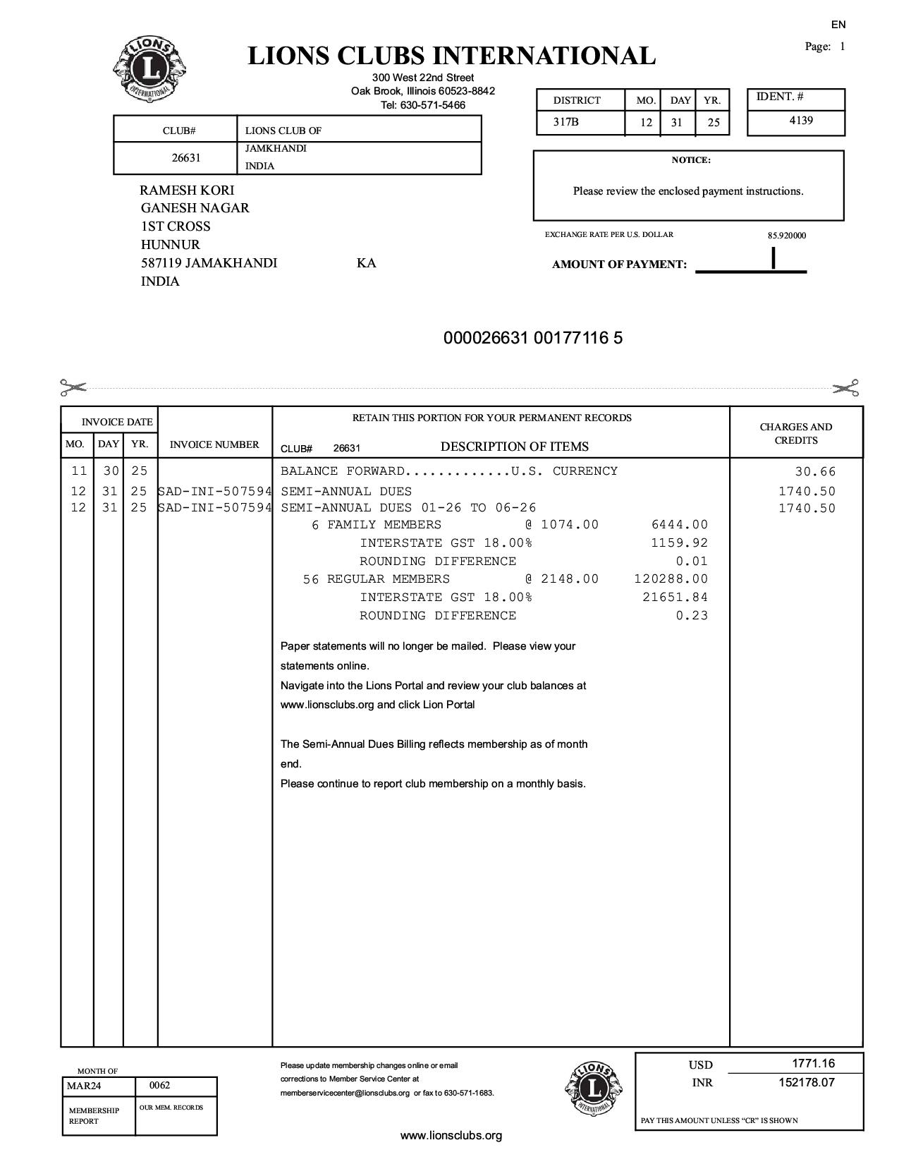 Jamkhandi Lions Club has paid 2nd tearminternational dues on 17.01.2026.