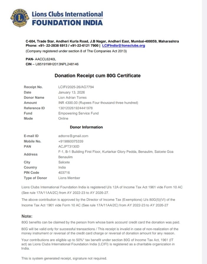 On The Ocassion of Lion Melvin Jones Birth Anniversary Contributed $50