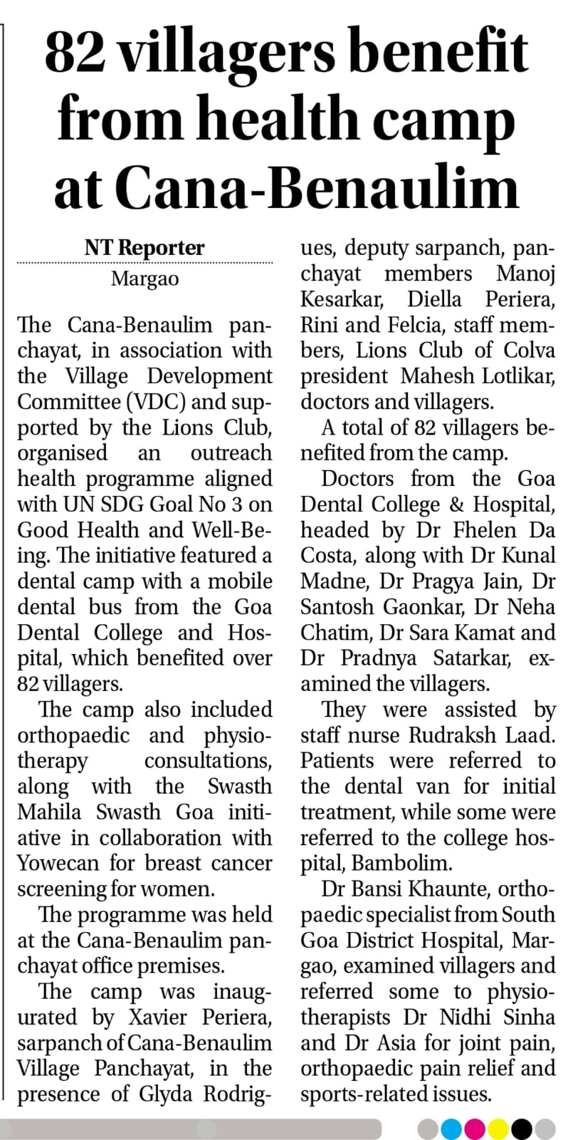 Lions Image Building of The Camps Held at Benaulim along with LC Colva Appeared on The NAvhind Times