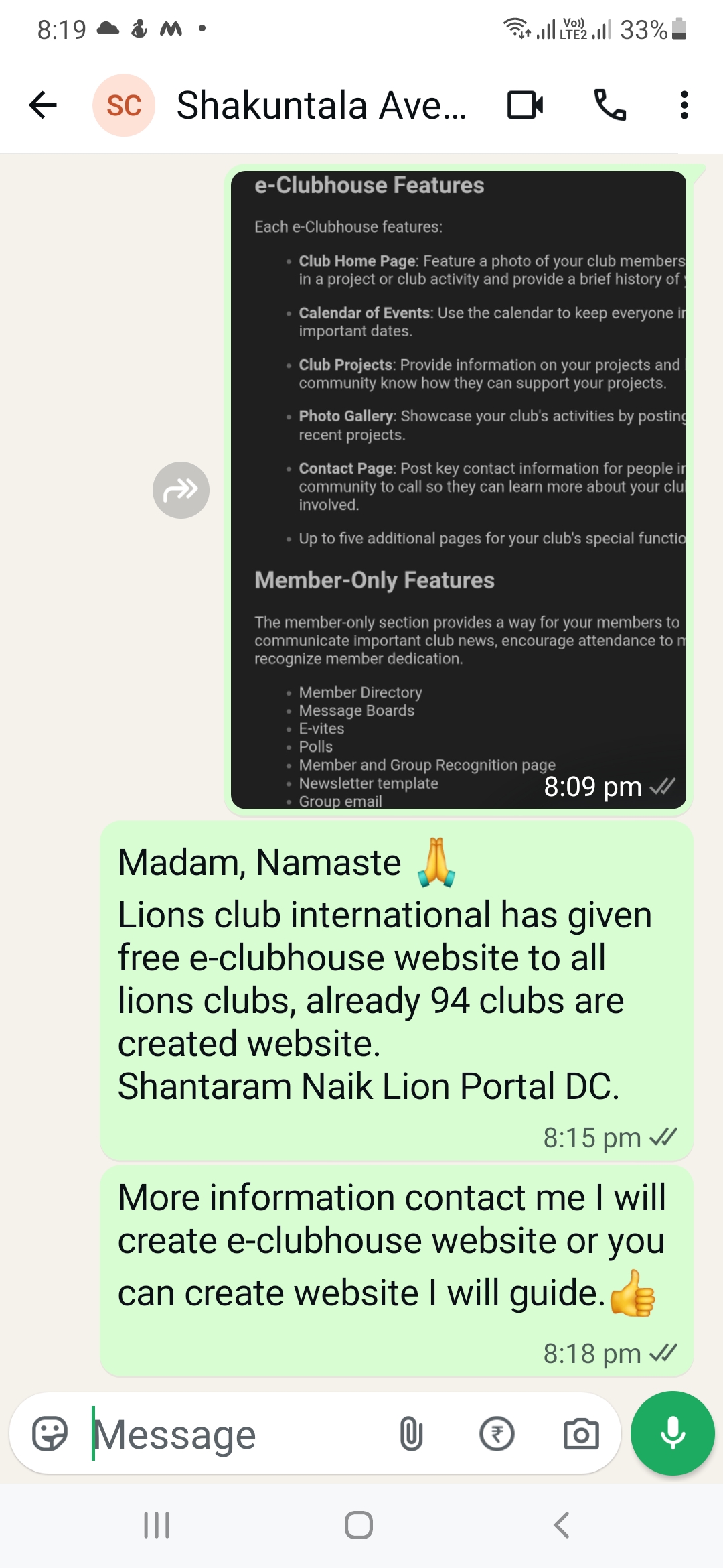 Contacting club officer to create e-clubhouse website.