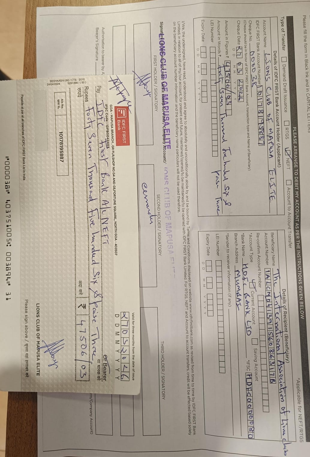 International dues paid by Lions Club  of Mapusa elite 