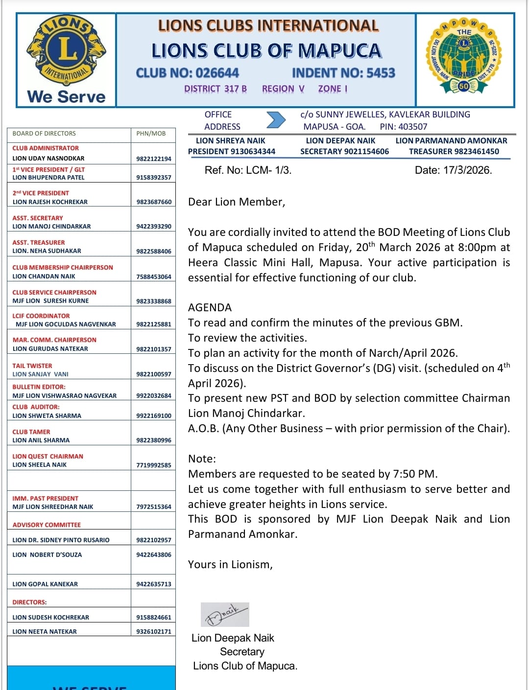 BOD MEETING OF LIONS CLUB OF MAPUCA