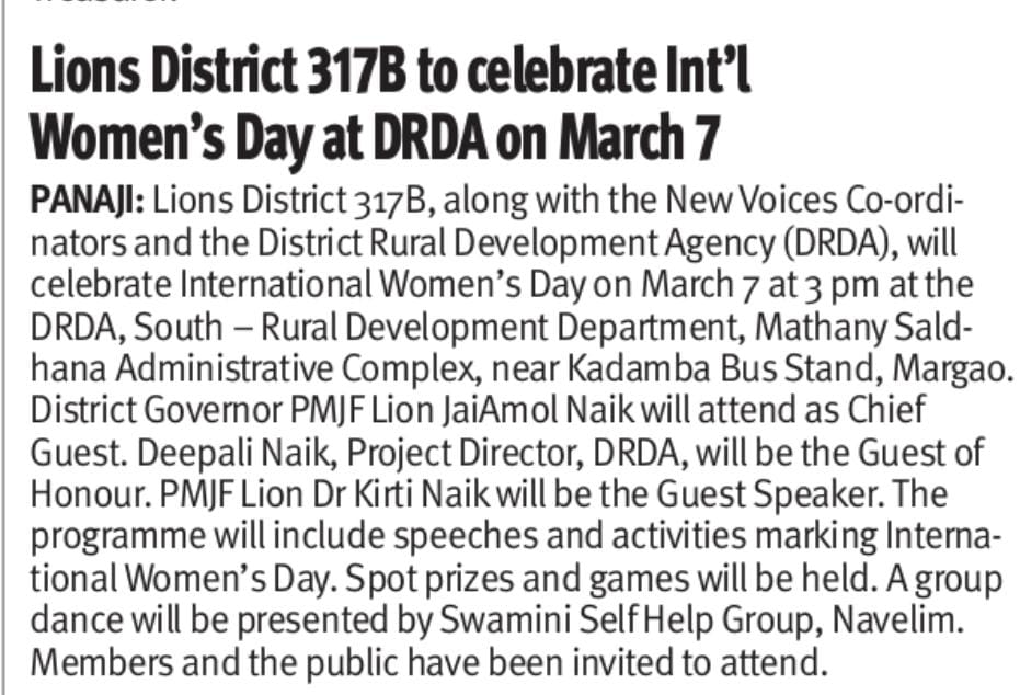 Lions Image on Media with News on The Goan and Tarun Bharat of District Womens Day Aboli