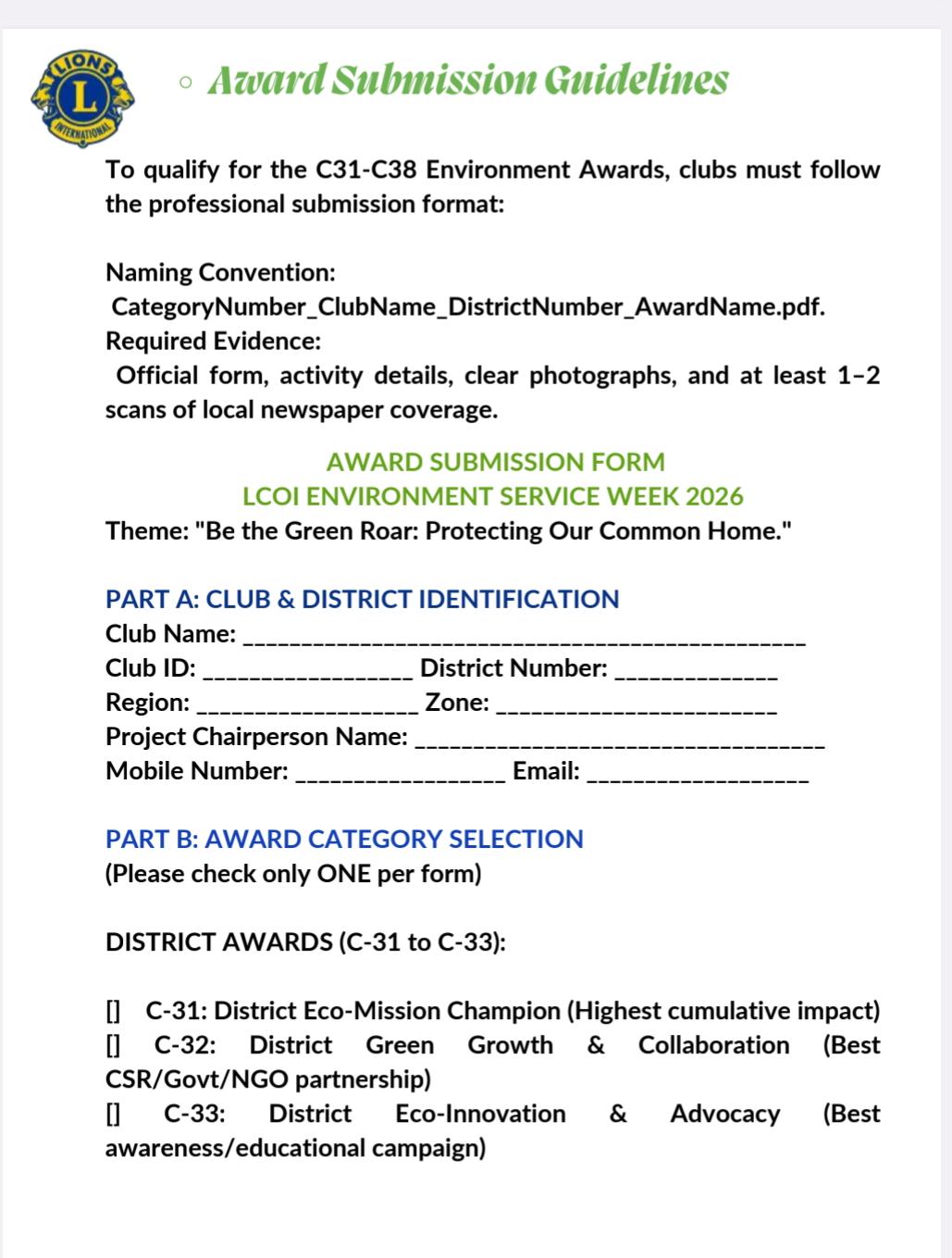 LCOI Award Bidding with Clubs Award details to Clubs at District with Information and Details for WWW of Environment