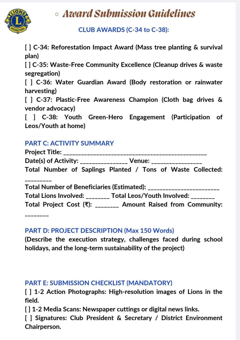 LCOI Award Bidding with Clubs Award details to Clubs at District with Information and Details for WWW of Environment