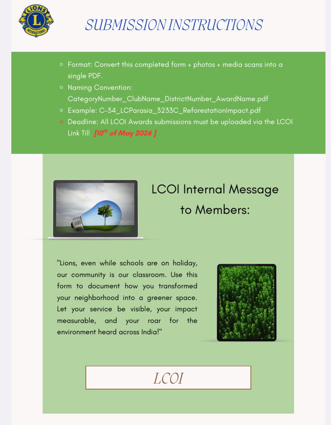 LCOI Award Bidding with Clubs Award details to Clubs at District with Information and Details for WWW of Environment
