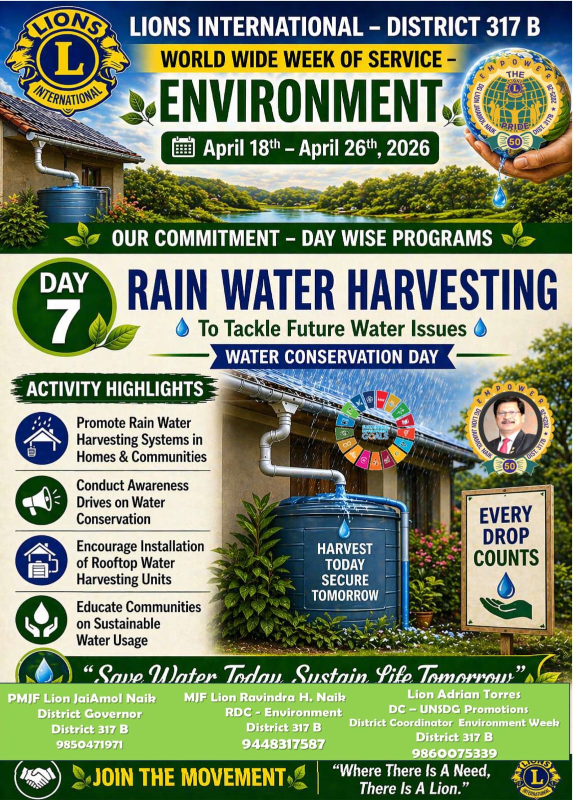 Day 7 - WORLD WIDE WEEK OF SERVICE – ENVIRONMENT 📅 April 18th – April 26th, 2026 🌱 OUR COMMITMENT – DAY WISE PROGRAMS 💧 DAY 7: RAIN WATER HARVESTING Water Conservation Day – Securing Tomorrow’s Water Today 🌿 ACTIVITY HIGHLIGHTS 🔹 Promote Rain Water H