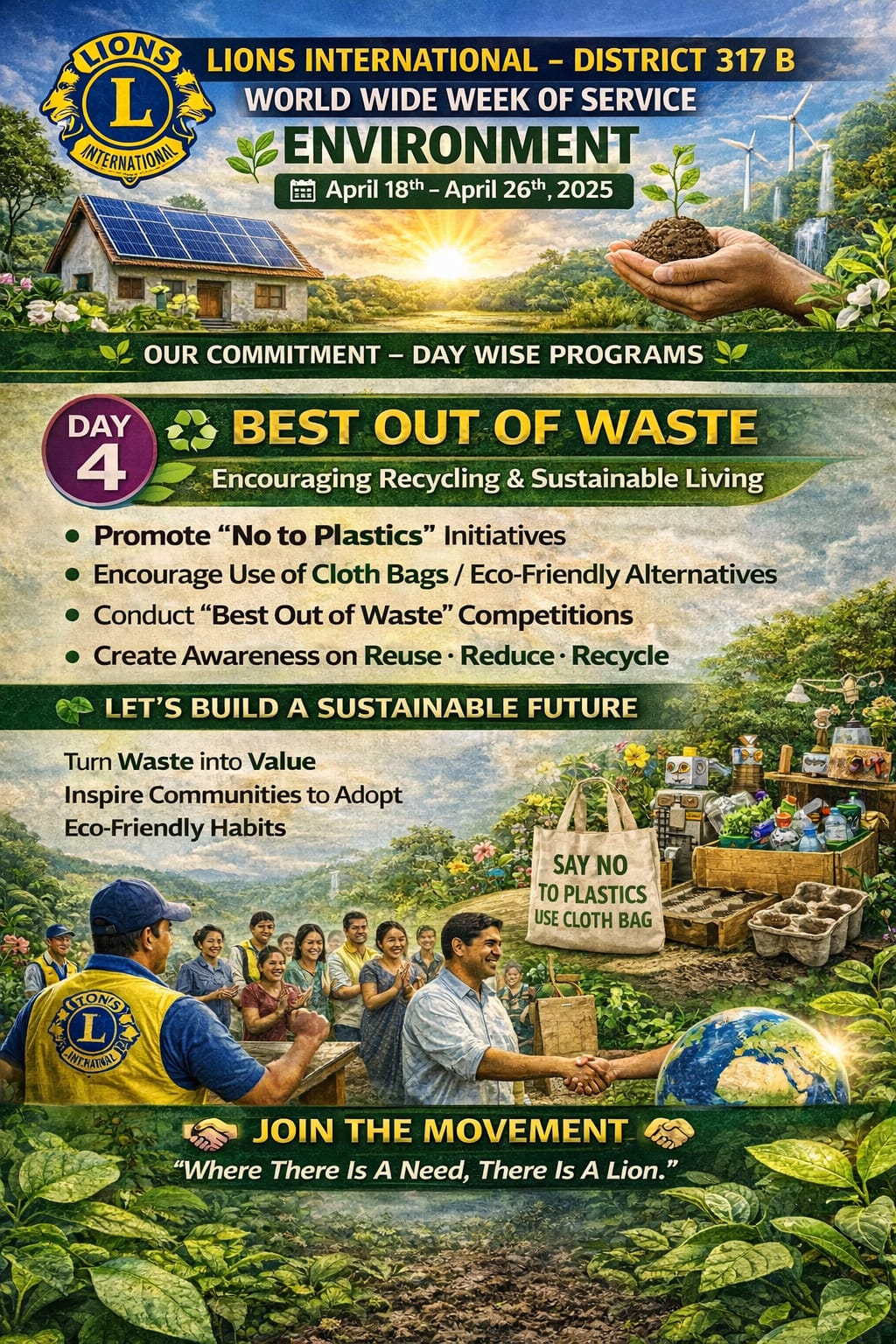 Day 4 - WORLD WIDE WEEK OF SERVICE – ENVIRONMENT 📅 April 18th – April 26th, 2025 🌱 OUR COMMITMENT – DAY WISE PROGRAMS  ♻️ DAY 4 BEST OUT OF WASTE 🌿 Encouraging Recycling & Sustainable Living 🔹 Promote “No to Plastics” Initiatives 🔹 Encourage Use of C