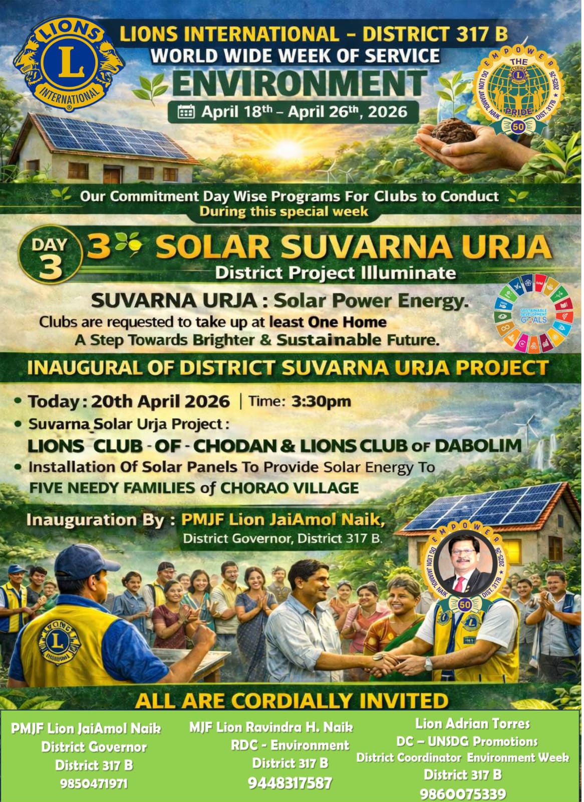 Day 3 - WIDE WEEK OF SERVICE ENVIRONMENT 📅 April 18th – April 26th, 2026 🌱 Our Commitment Day Wise Programs For Clubs to Conduct During this special week Day 3: SOLAR SUVARNA URJA District Project Illuminate : SUVARNA URJA : Solar Power Energy. Clubs ar