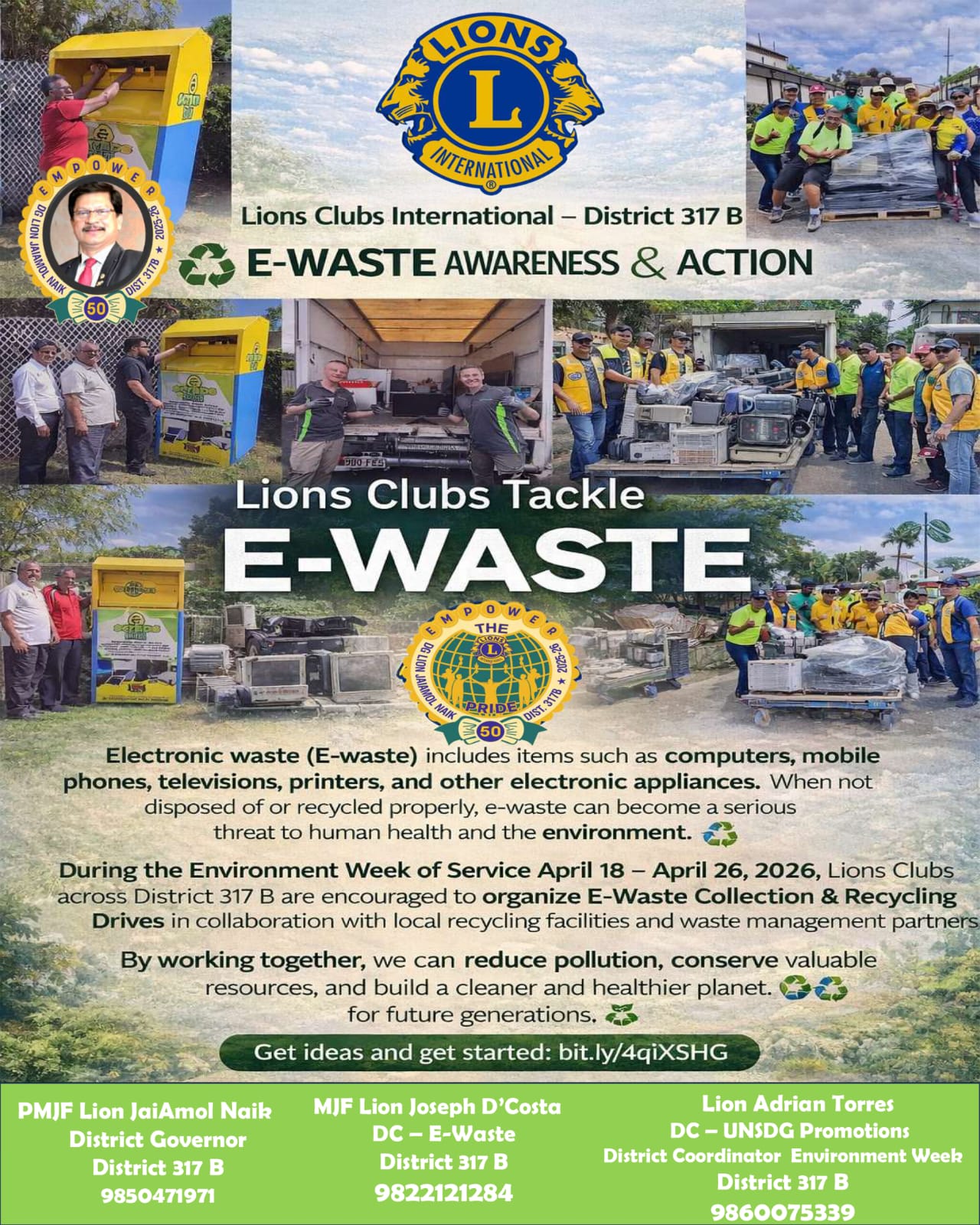 Day 2 - All the Best WORLD WIDE WEEK OF SERVICE – ENVIRONMENT 📅 April 18th – April 26th, 2026 Dear Lion Leaders,  Electronic waste, or e-waste, includes items such as computers, mobile devices and large household appliances. If not disposed of and recycl