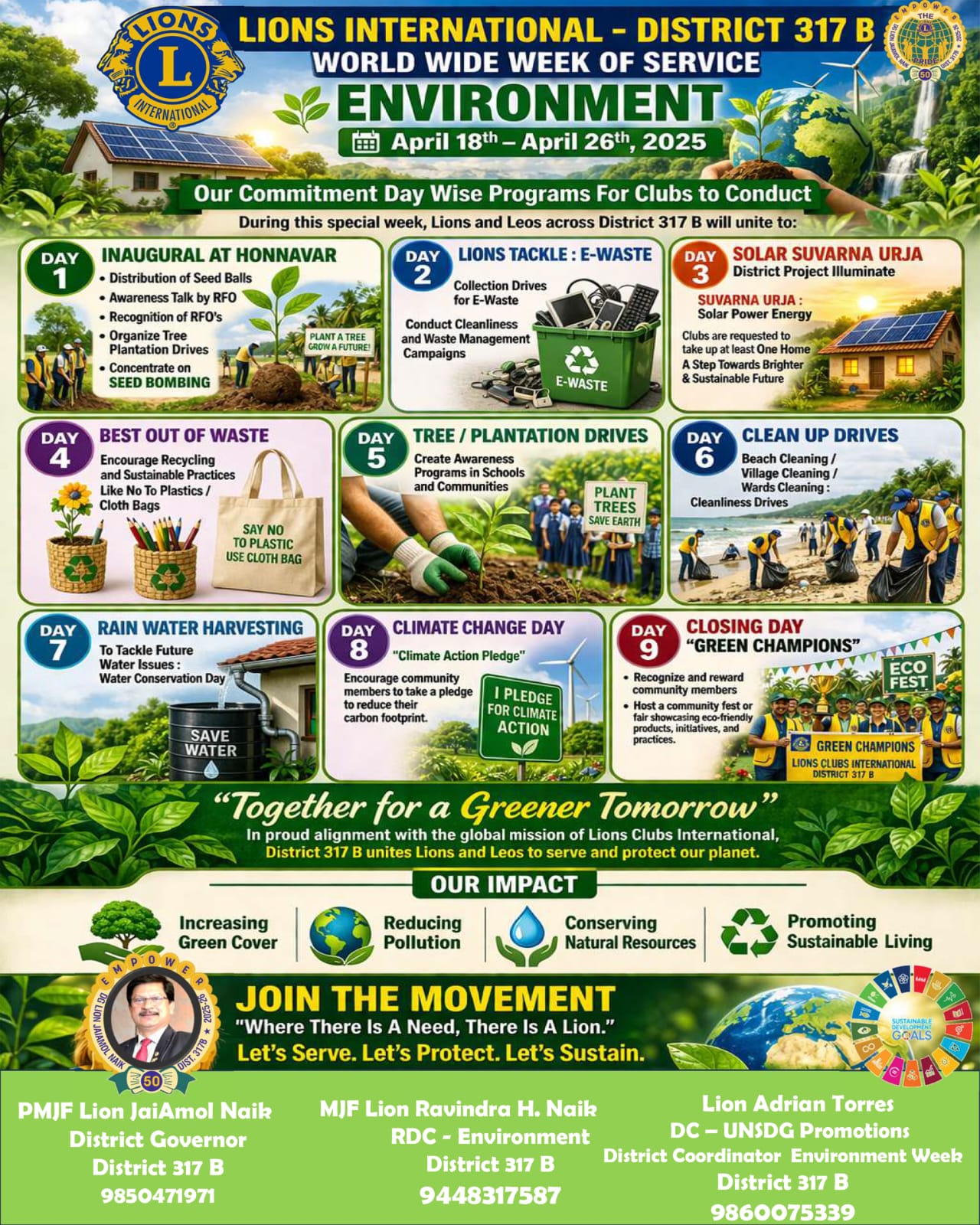 GET SET GO. THE COUNTDOWN HAS STARTED…..3…2….1 LIONS INTERNATIONAL - DISTRICT 317 B WORLD WIDE WEEK OF SERVICE ENVIRONMENT 📅 April 18th – April 26th, 2025 🌱 Our Commitment Day Wise Programs For Clubs to Conduct 🌱 “Together for a Greener Tomorrow” In pr